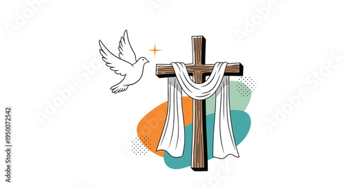 Christian wooden cross with a white shroud is accompanied by a flying white dove and a small star on a colorful background.