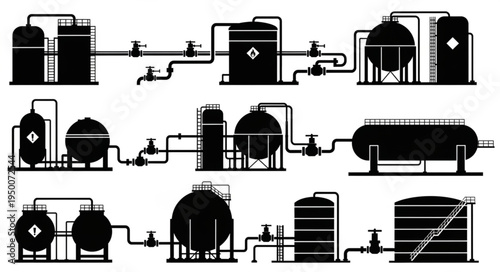 Industrial Plant Silhouette - Tanks, Pipes, and Processing Units.