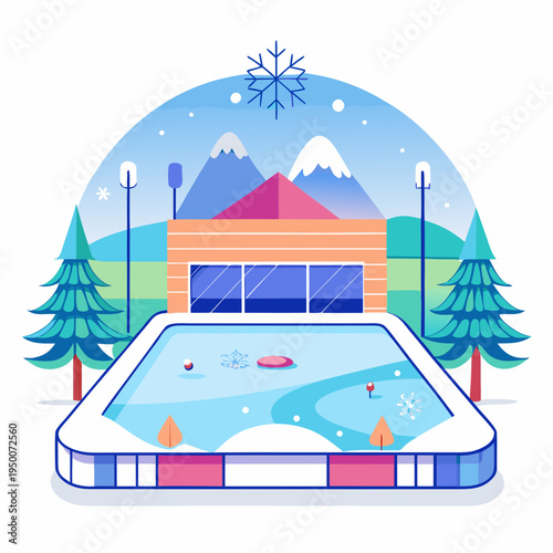 Vibrant outdoor ice rink scene with winter mountains and trees