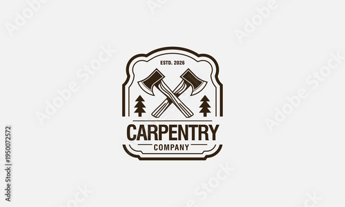 Vintage cross axe carpentry logo template, vector design illustration. Classic retro carpentry logo concept, lumberjack.