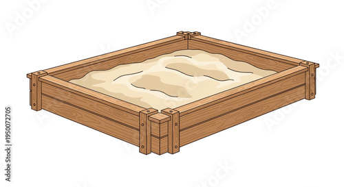 Wooden sandbox for children is filled with clean sand and shown in a perspective view with realistic wood grain textures.