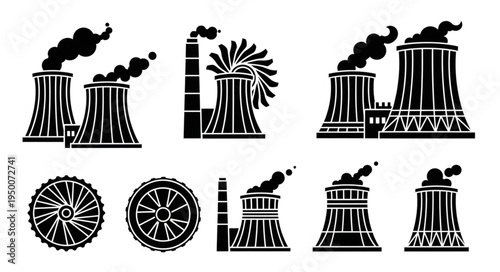 Nuclear Power Plant Silhouette Icons - Energy Production and Industrial Design.