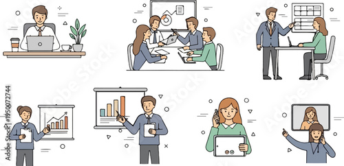 Office life meetings, presentations, and remote work depicted in cartoon style