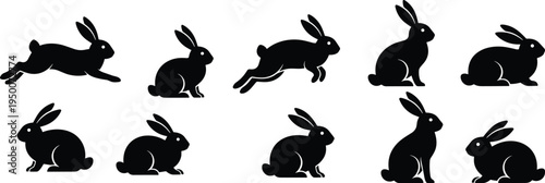 Black silhouette vector illustration of rabbits in various natural poses, wildlife art showcasing animal motion, pet design, and stylized details.