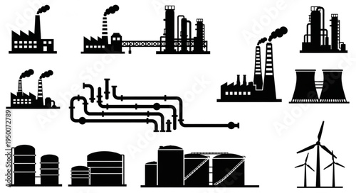 Silhouette of Industrial Plants and Wind Turbines for Energy Production.