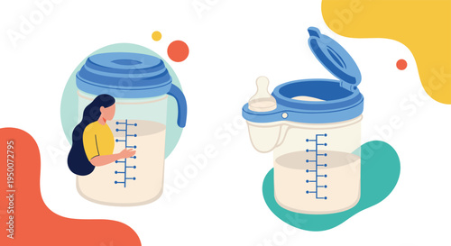 Plastic jug for storing baby formula milk powder with measuring scale and a woman hugging the container for care and nutrition.