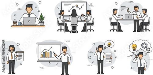 Business professionals collaborating, presenting, and ideating in office settings