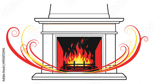 Classic stone fireplace with burning fire inside and decorative red and orange swirls representing warmth and cozy home atmosphere.