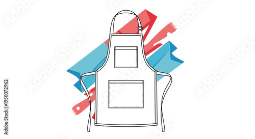 White kitchen apron with two front pockets and adjustable neck strap for cooking and baking protection isolated on white background.