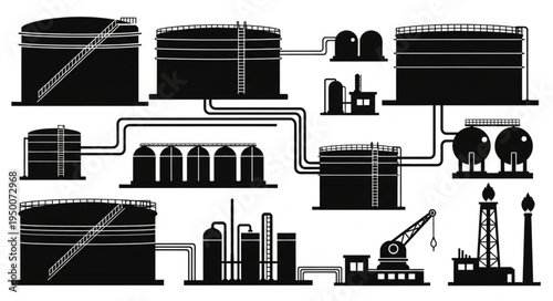 Detailed Oil Refinery Silhouette Illustration for Industrial Projects.