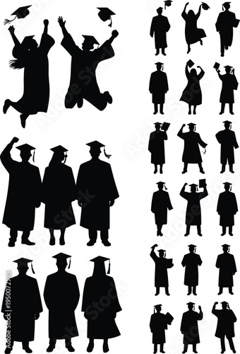 graduation silhouette people ceremony cap toss diploma celebration success student man woman group joy achievement black vector illustration
