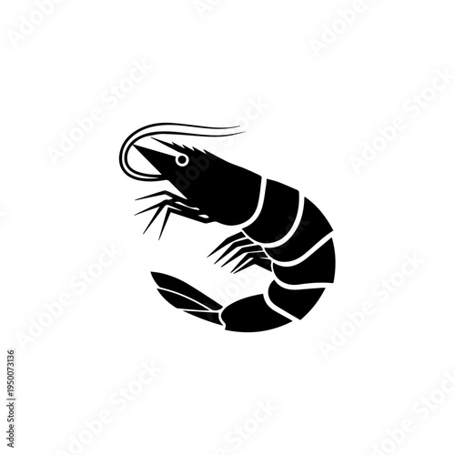 Black shrimp silhouette icon, isolated seafood vector graphic symbol