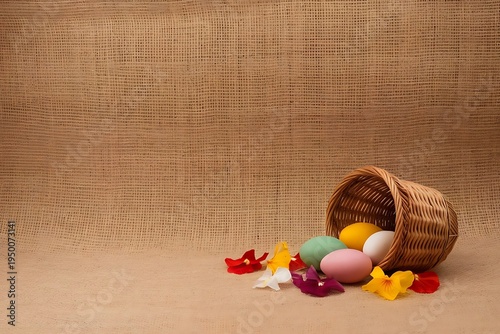Woven Basket with Colorful Easter Eggs on Burlap Background Banner with Copy Space
