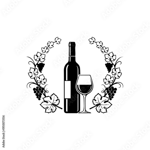 Elegant wine bottle and glass emblem framed by a grapevine wreath