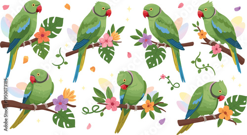 Cute green parrot sitting on tree branches with tropical flowers and leaves, colorful cartoon bird character set in nature vector illustration