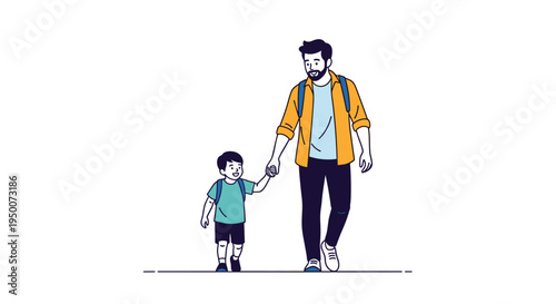 Father holding hands with his son while walking together to school both wearing backpacks for a happy morning family routine start.