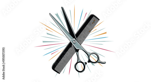 Professional barber scissors and a black comb crossed with colorful light rays background representing hair salon styling tools.