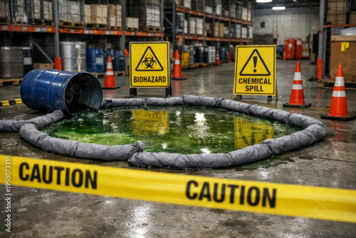 Hazardous chemical spill contained in industrial warehouse