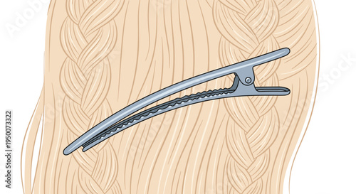 Silver hair clip or bobby pin attached to braided blonde hair representing hair styling fashion and grooming accessories for women.