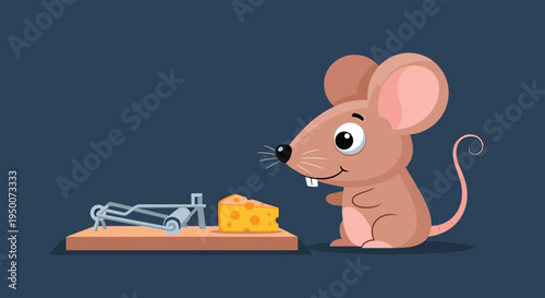 Cute little mouse looking at a piece of cheese on a wooden mousetrap with a friendly expression on a dark blue background scene.