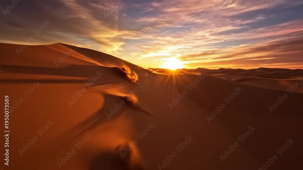 Golden sand dune desert landscape at sunset with dramatic sky, clouds ...