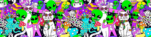 Space psychedelic party with aliens, cats, and mushrooms banner, seamless pattern. Vibrant cartoon endless background