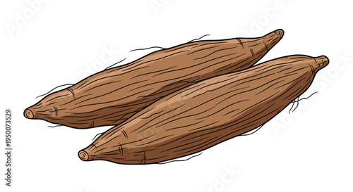 Two brown cassava or yuca roots shown in a realistic hand-drawn style with detailed bark texture on white background.