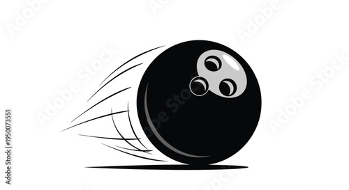 Black bowling ball with three finger holes moving fast with speed lines representing motion on a white background.