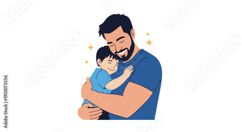 Warm and loving illustration of a bearded father in a blue shirt hugging his young son with a smiling expression.