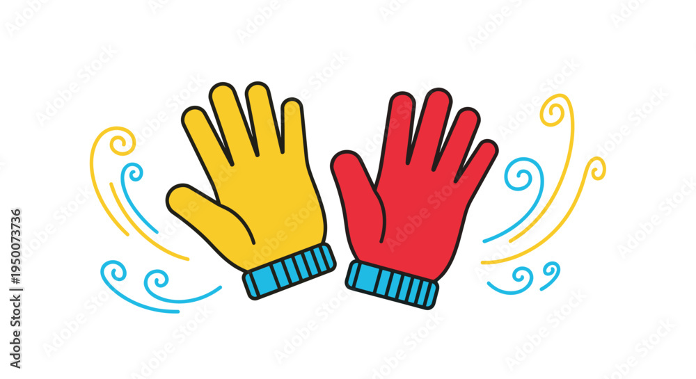 Fototapeta premium Pair of bright yellow and red winter or work gloves surrounded by colorful swirling wind lines on white background.