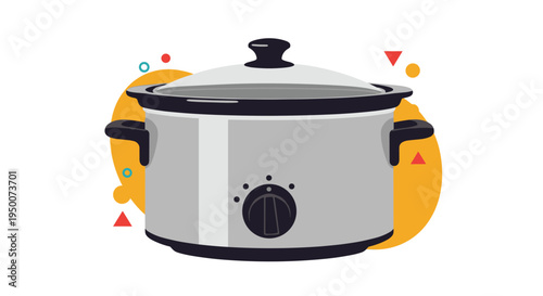 Electric slow cooker or crock pot with a glass lid and control knob on a yellow and orange graphic background.