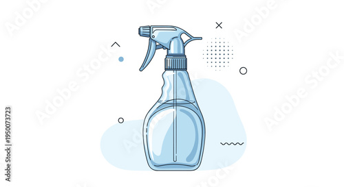 Clear plastic spray bottle with a blue trigger pump and liquid level shown on a light blue abstract background.