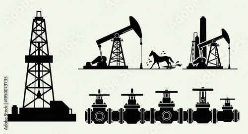 Silhouette of Oil Drilling Rig and Valves for Petroleum Industry.