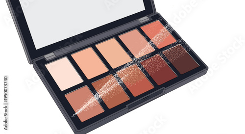 Professional makeup eyeshadow palette with twelve different nude and brown shades and a reflective mirror.