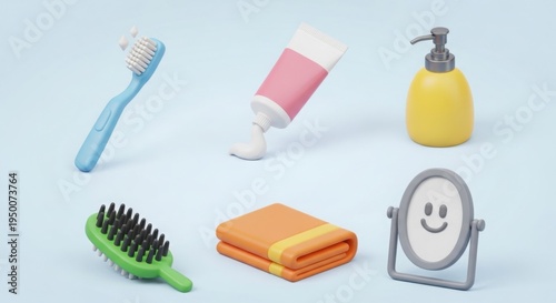 A set of multicolored, 6 3D icons for everyday objects featuring a toothbrush, toothpaste, soap dispenser, hairbrush, towel, and mirror, playful 3D style, smooth plastic texture, clean composition