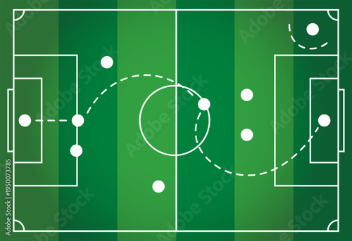 soccer field with tactical strategy lines and player positions. Minimalist football pitch diagram with movement paths