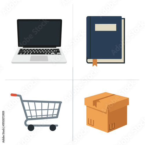 Laptop Book Shopping Cart and Delivery Box Icons Representing Online Shopping and Business.