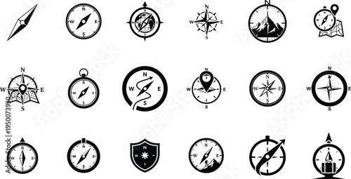 Collection of various compass silhouettes and navigation symbols in black on white background silhouette