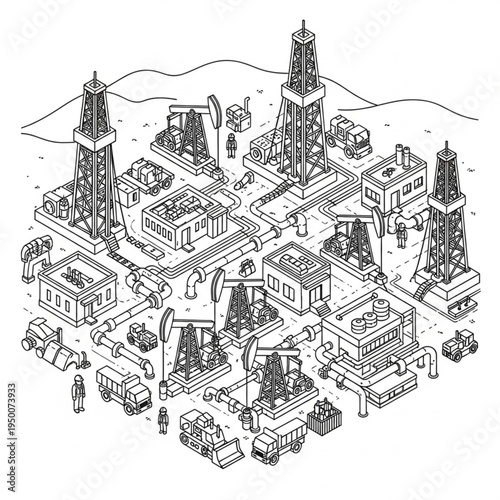 Isometric illustration of an industrial city with oil derricks and buildings.