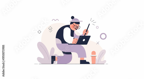 Person kneeling with laptop and stylus, surrounded by abstract shapes and plants