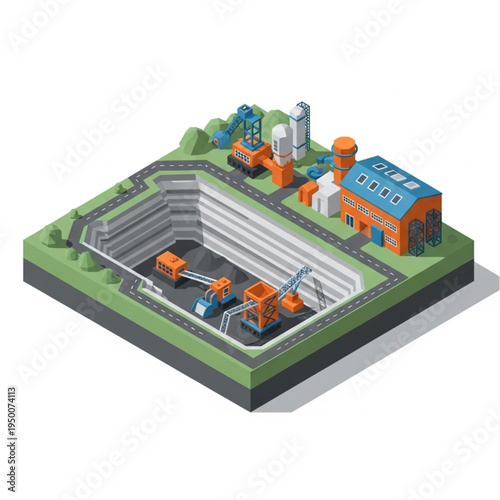 Isometric industrial mining quarry with heavy machinery and buildings.