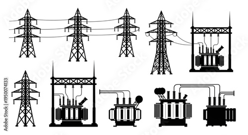Silhouette of Power Transmission Towers and Electrical Transformers.