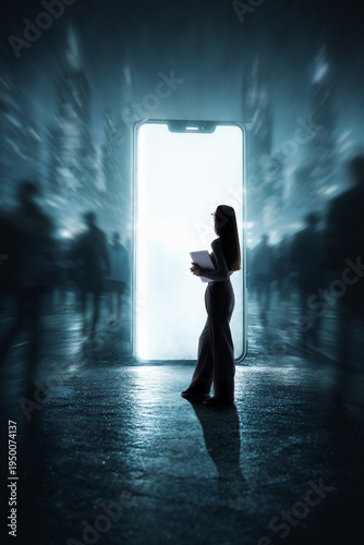 Businesswoman standing before giant glowing smartphone portal in futuristic digital city. Concept of mobile technology, digital communication, online connectivity and modern digital life.