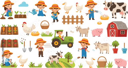 Farm Life Cartoon Set with Farmers Tractor Barn Animals Chicken Cow Pig Rural Agriculture Vector Illustration