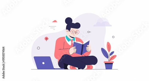 Person reading a book with a laptop and plant nearby