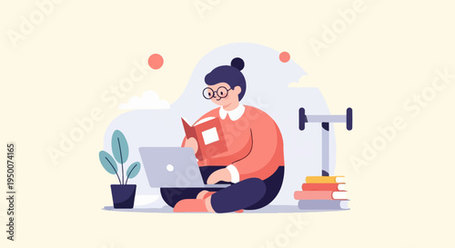 Person reading book and using laptop, sitting on floor, plant nearby