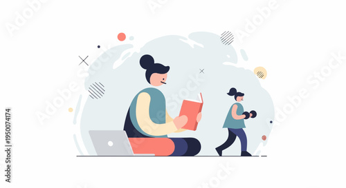 Person reading near laptop, child exercising with weights