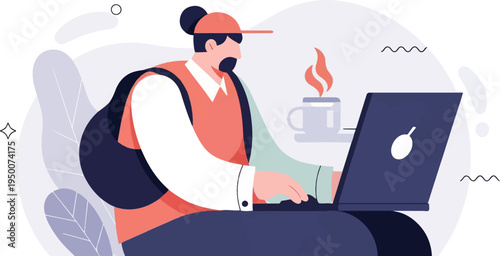 Person with backpack working on laptop near hot beverage