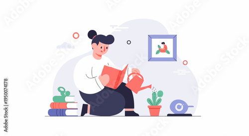 Person reading book and watering plant indoors with books beside them