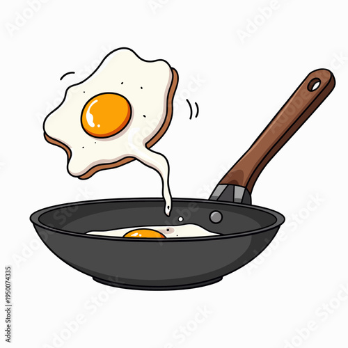 Appetizing flat vector illustration of a sunny-side up fried egg sizzling in a black skillet pan for delicious morning breakfast cooking designs.